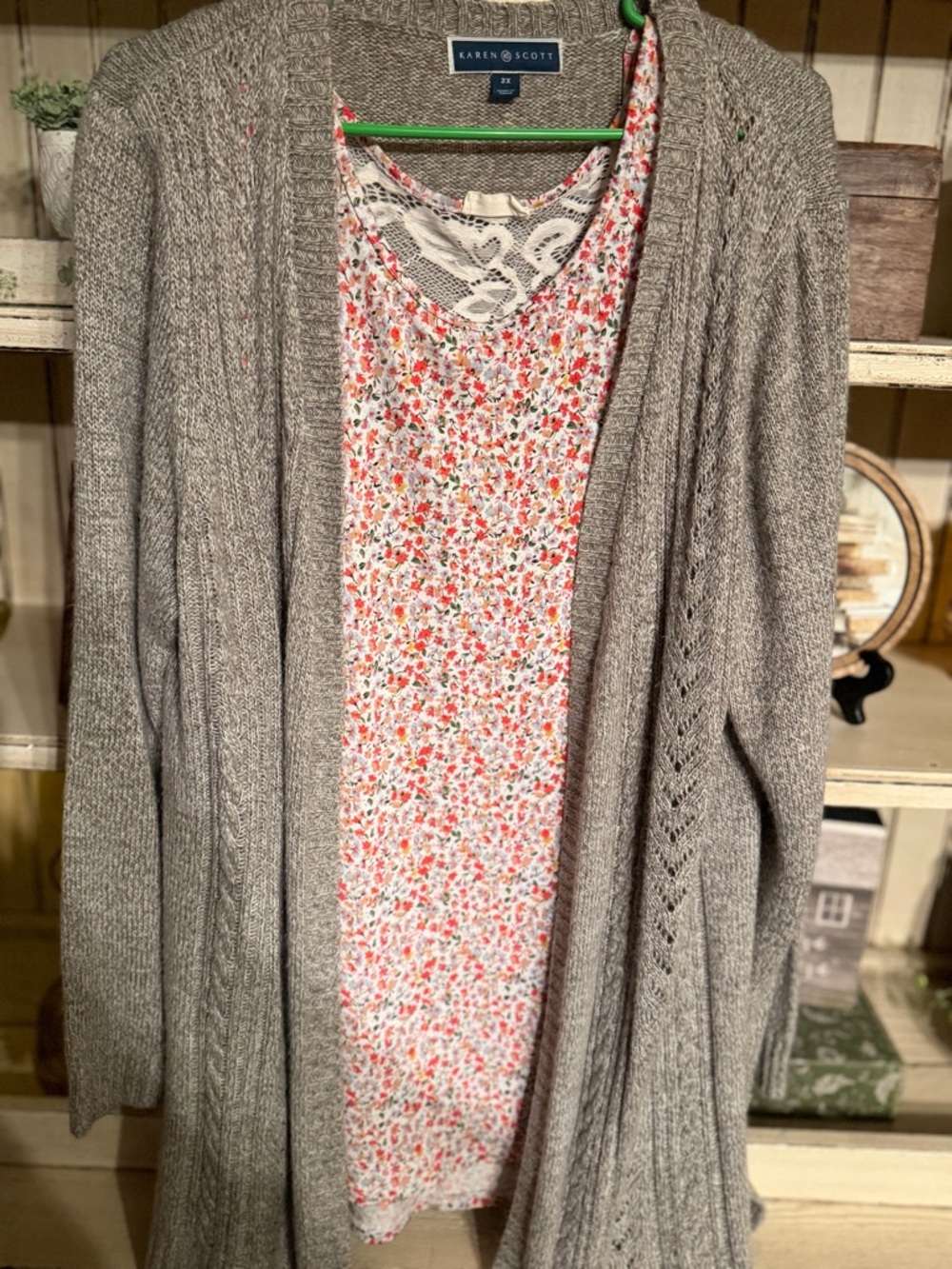Karen Scott Gray Open-Front Cable Cardigan with Floral Shell